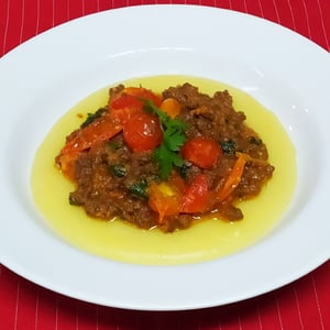 Tomatoli soy meat with creamy polenta