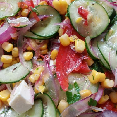Recipe of Cucumber, corn, white cheese, tomato and herbs salad on the DeliRec recipe website