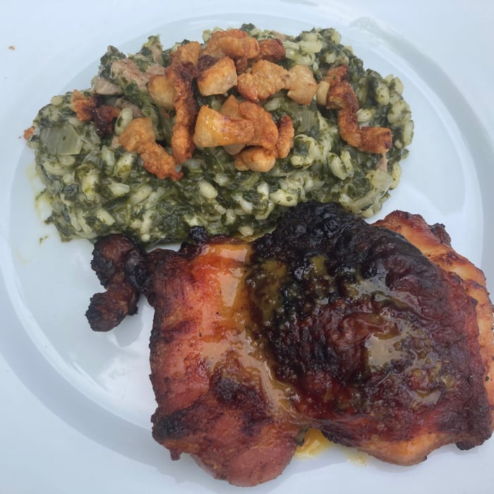 Photo of the Spinach risotto with pork pancetta and chicken thighs with orange sauce – recipe of Spinach risotto with pork pancetta and chicken thighs with orange sauce on DeliRec