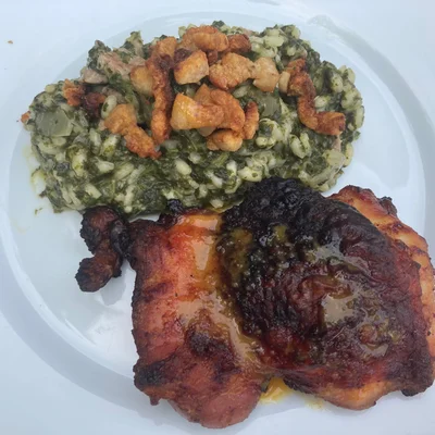 Recipe of Spinach risotto with pork pancetta and chicken thighs with orange sauce on the DeliRec recipe website