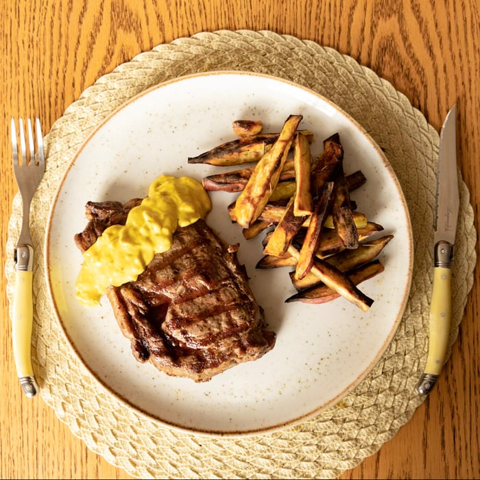 Photo of the Fillet in mustard sauce with roasted sweet potato with garlic and rosemary – recipe of Fillet in mustard sauce with roasted sweet potato with garlic and rosemary on DeliRec