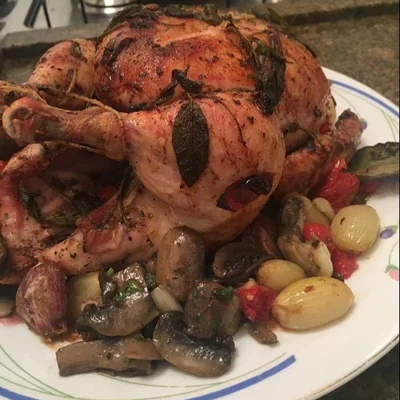 Recipe of Roast chicken with mushrooms and chives on the DeliRec recipe website