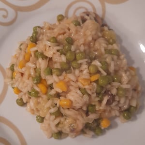 Leek risotto with corn and pea mushrooms