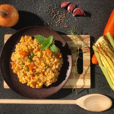Recipe of Wholemeal chicken risotto with vegetables on the DeliRec recipe website